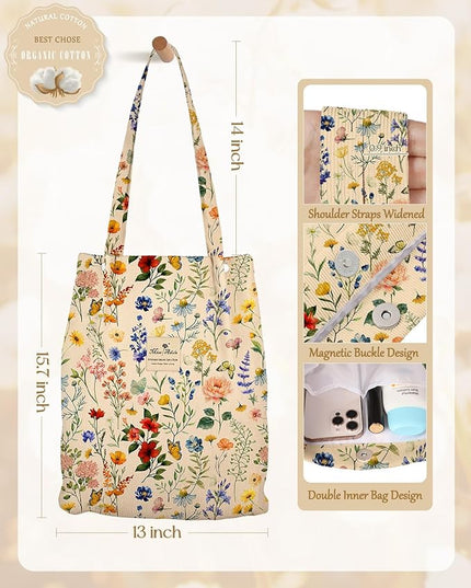 Aesthetic 2 Pack Corduroy Tote Bag - with Makeup Pouch Bag for Women Reusable Grocery Bag for Gym, Travel, Work