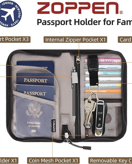 ZOPPEN Passport Holder Family RFID Passport Wallet, Passport Holder Women/Men, Travel Wallet Documents Organizer Zipper Case with Removable Wristlet Strap, Travel Essentials for Flying