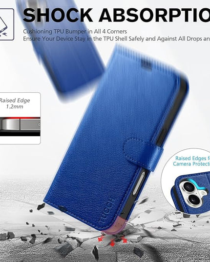 TUCCH Wallet Case for iPhone 16, Kickstand [RFID Blocking] [4 Card Slots] TPU Interior Protective Case, Magnetic Folio Shockproof PU Leather Flip Cover Compatible with iPhone 16 5G, Klein Blue