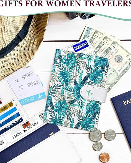 COSHAYSOO Personalized RFID Passport Holder for Travel Women Passports Cover Case Tropical Palm Leaf Pattern, Air Essentials Airplane Flight Accessories Airline Plane Flying Must Haves