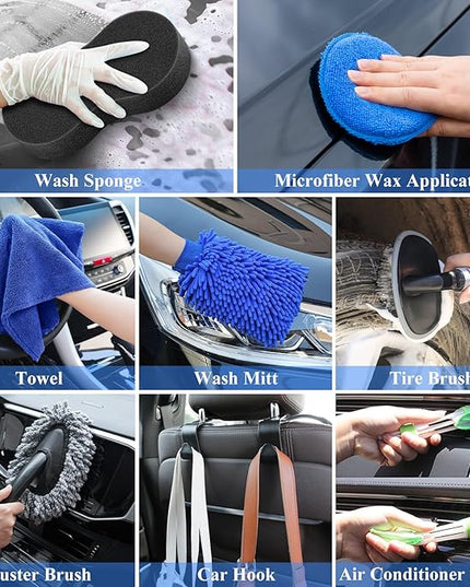 AUTODECO 38Pcs Car Wash Detailing Kit Cleaning Kits with Foam Gun Sprayer Collapsible Bucket Drill Brush Large Wash Mitt Towels Complete Interior Exterior Car Washing Supply Set Blue