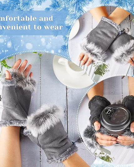 SATINIOR Women Fur Fingerless Gloves Winter Rabbit Fur Lined Half Finger Mittens for Women Girls Teen Working Writing