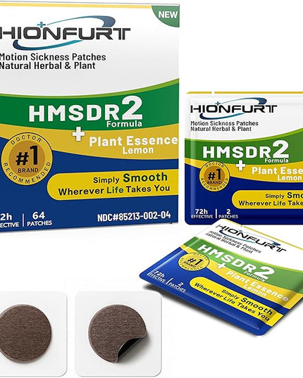 HMSDR2 64ct Motion Sickness Patches with Plant Essence – Lemon – Sea Sickness Patches for Cruise, Car, Airplane – Non-Drowsy, 72H Lasting