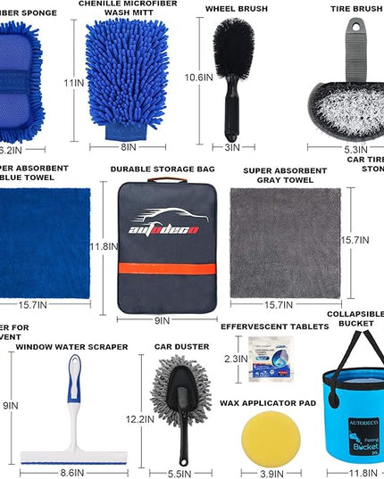 AUTODECO 22Pcs Car Wash Cleaning Tools Kit Car Detailing Set with Blue Canvas Bag Collapsible Bucket Wash Mitt Sponge Towels Tire Brush Window Scraper Duster Complete Interior Car Care Kit