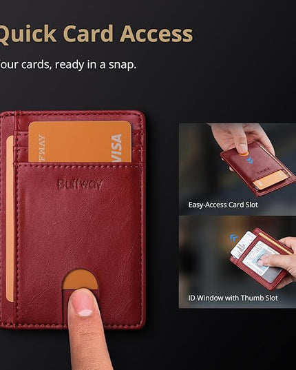 Buffway Slim Minimalist Front Pocket RFID Blocking Leather Wallets for Men and Women - Alaska Cherry