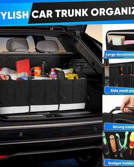 Simniam Large Car Trunk Organizer - with 5 Compartments Trunk Organizers and Storage SUV, Reinforced Handle, Securing Straps, Trunk Organizer Available for Car, SUV, Truck, Minivan