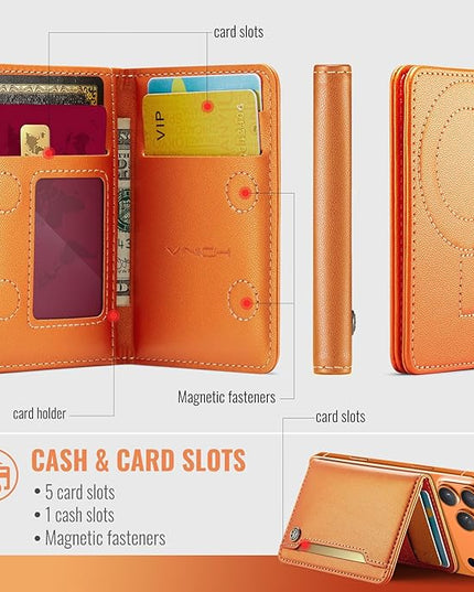 Vinich for MagSafe Wallet Magnetic RFID Blocking Card Holder Compatible with MagSafe Phones and Cases, Strong Magnet Minimalist Phone Wallet for iPhone 17/16/15/14/13/12/Pro/Max/Plus, Orange