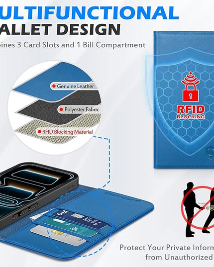 SHIELDON Genuine Leather Case Wallet for iPhone 17 Pro 6.3 Inch 2025 | Kickstand | RFID Blocking 3 Credit Card Holder | Flip Magnetic Closure | Shockproof Phone Cover | Sapphire Blue