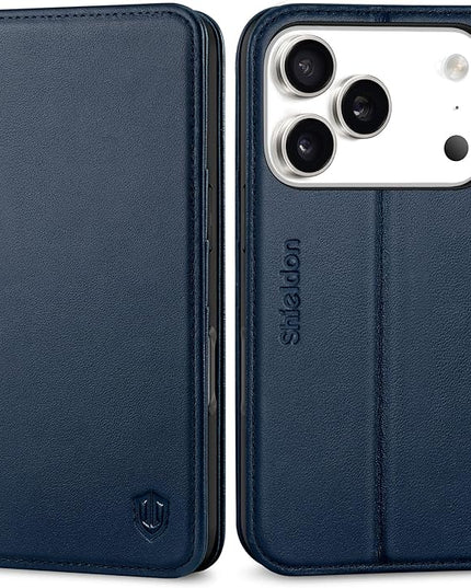 SHIELDON Case Wallet for iPhone 17 Pro 6.3-inch | Genuine Leather | RFID Blocking Credit Card Holder | Magnetic Closure | Folio | Kickstand | TPU Soft Full Protective Cover 2025 | Navy Blue