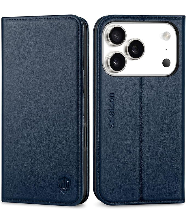 SHIELDON Case Wallet for iPhone 17 Pro 6.3-inch | Genuine Leather | RFID Blocking Credit Card Holder | Magnetic Closure | Folio | Kickstand | TPU Soft Full Protective Cover 2025 | Navy Blue