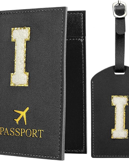 PATIKIL Passport Holder for Travel, Initial Passport Cover and Luggage Tag Set with Alphabet Chenille Letter Patch Travel Wallet Bag Suitcase Identifier for Women Family Travel Black I