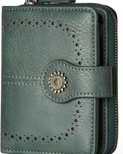 TFKGS Small Womens Wallet Leather RFID Blocking Bifold Compact Card Holder Ladies Zipper Accordion Pocket with ID Window Green