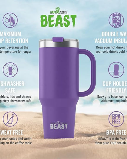 Beast 50 oz Tumbler with Handle Stainless Steel Vacuum Insulated Coffee Ice Cup Double Wall Travel Flask (Deep Purple)