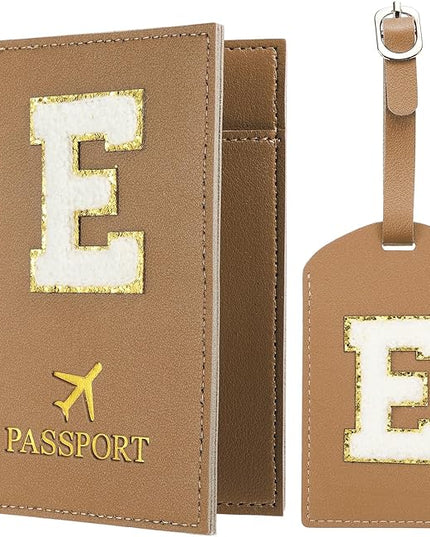PATIKIL Passport Holder for Travel, Initial Passport Cover and Luggage Tag Set with Alphabet Chenille Letter Patch Travel Wallet Bag Suitcase Identifier for Women Family Travel Brown E