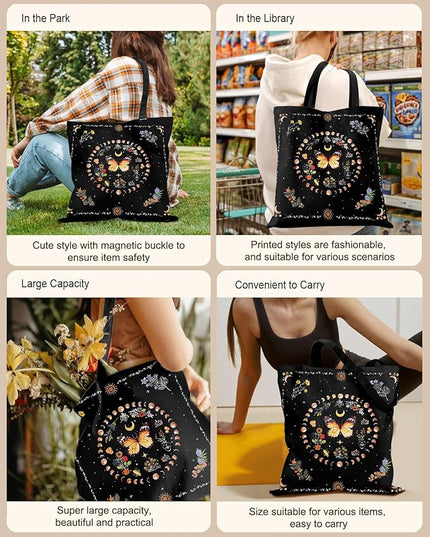 Canvas Tote Bag with Pockets - Aesthetic Reusable Totes for Women Ladies Cute Printed Cloths Canvas Shoulder Bag