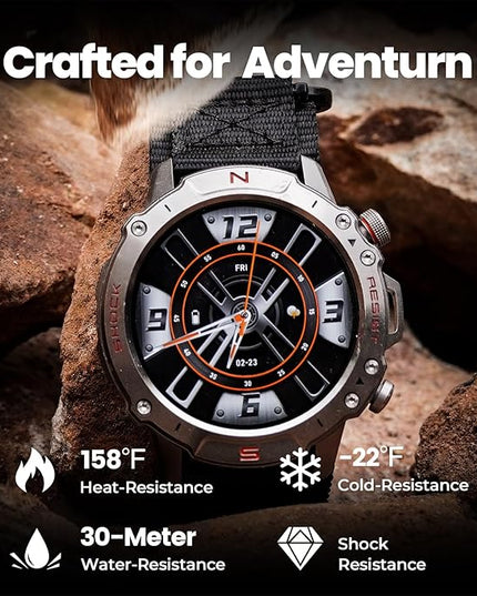 WalkerFit Smart Watch for Men, 1.43" Round AMOLED, 5ATM Waterproof for Swim, Heart Rate & Sleep Monitor, Long Battery, Outdoor Activity Tracker, Voice Control&Bluetooth Call (Silver, Black Nylon)