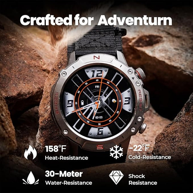WalkerFit Smart Watch for Men, 1.43" Round AMOLED, 5ATM Waterproof for Swim, Heart Rate & Sleep Monitor, Long Battery, Outdoor Activity Tracker, Voice Control&Bluetooth Call (Silver, Black Nylon)