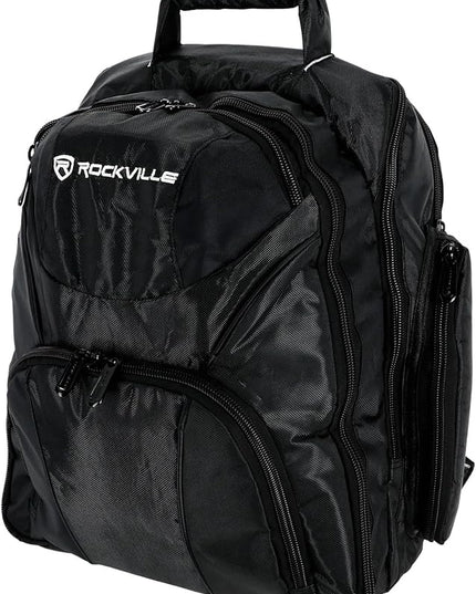 Rockville RVBACKPACK V2 Large DJ Laptop/Gear Travel Backpack, 9 Compartments, Padded Laptop & Headphone Storage, Trolley Sleeve, Lockable Zippers, Reinforced Stitching, Perfect for DJs & Musicians
