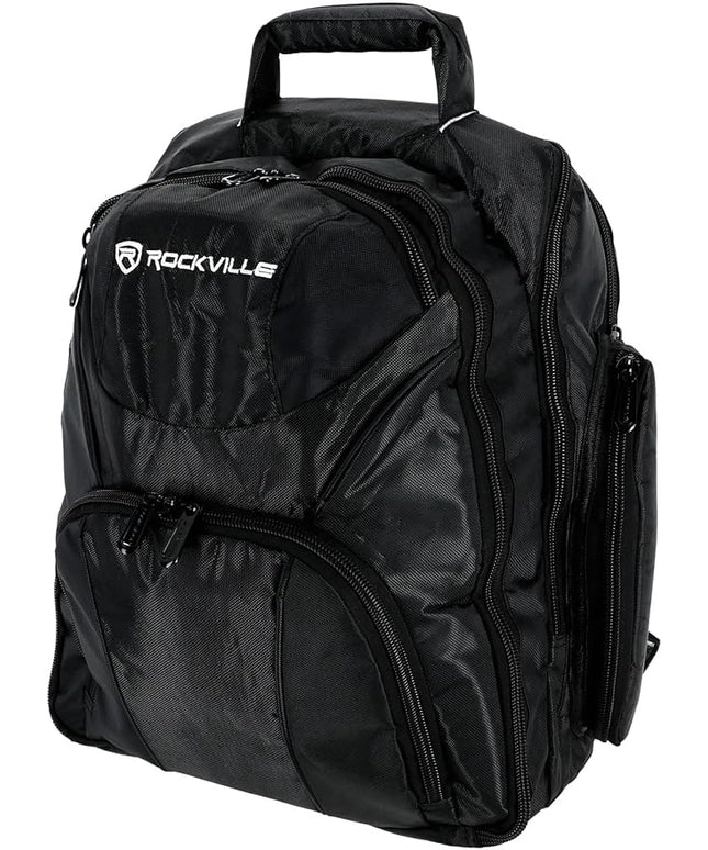 Rockville RVBACKPACK V2 Large DJ Laptop/Gear Travel Backpack, 9 Compartments, Padded Laptop & Headphone Storage, Trolley Sleeve, Lockable Zippers, Reinforced Stitching, Perfect for DJs & Musicians