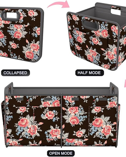 Homeve Trunk Organizer, Car Storage, Reinforced Handles, Collapsible Multi-Compartment, Foldable, Waterproof, Sturdy, 600D Oxford Polyester For Car, SUV, Mini-Van, Peony, 2 Compart