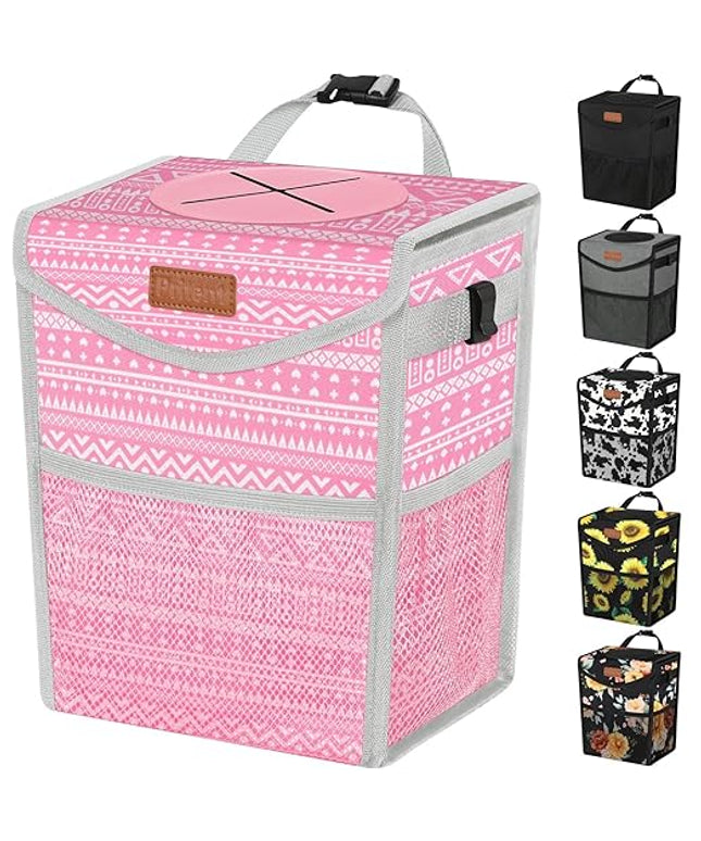 Car Trash Can with Lid, Cute Leakproof Car Trash Garbage Bag Hanging Vehicle Trash Bin Small Portable Automotive Garbage Cans Organizer for Back/Front Seat/Console(2.8 Gallons,Pink Print)