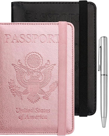 WALNEW Passport Holder for Travel, RFID Passport Cover Wallet for Women Men, PU Leather Passport Book Card Holder Case with Pen, Travelling Essentials for Flying