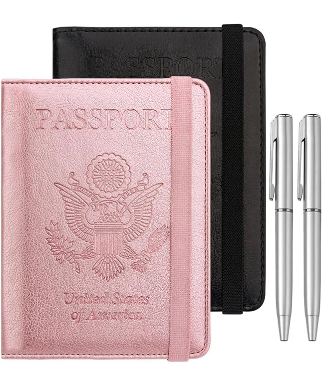 WALNEW Passport Holder for Travel, RFID Passport Cover Wallet for Women Men, PU Leather Passport Book Card Holder Case with Pen, Travelling Essentials for Flying