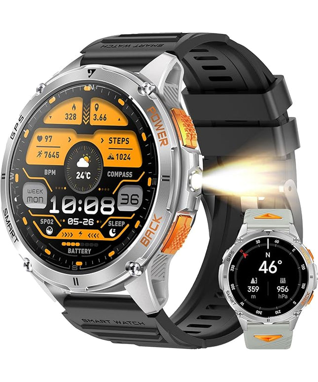 KPEP GPS Military Smart Watches for Men with 2 Straps, 1.43" AMOLED, LED Flashlight, IP68 Waterproof Smartwatch, Make & Answer Calls, 170+ Sports Modes, Compass, Fitness Tracker Watch for iOS Android