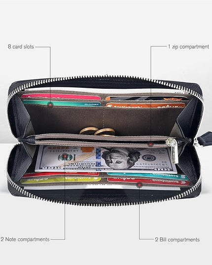 Oak Leathers Smooth Nappa Leather Wallet for Women - RFID Womens Wallet Clutch with 8 Credit Card Holder, Coin Pocket