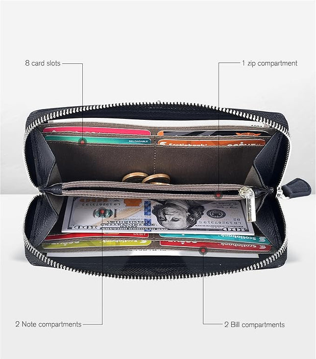 Oak Leathers Smooth Nappa Leather Wallet for Women - RFID Womens Wallet Clutch with 8 Credit Card Holder, Coin Pocket