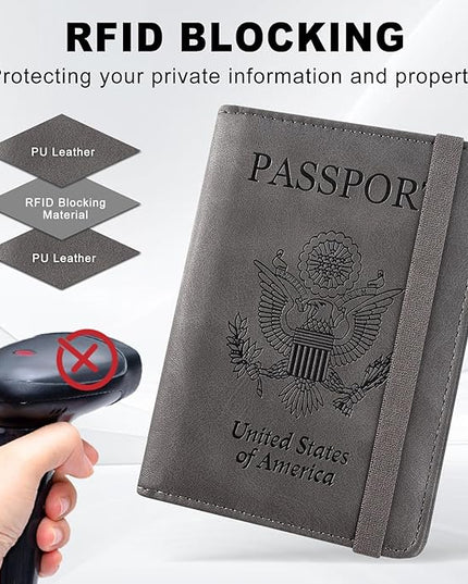 ACdream RFID BLOCKING Passport Holder Travel Wallet, Premium PU Leather Cover Passport Book with Card Holder, Pen Holder, Keep Organization, and Travel Essentials for Women and Men, Grey