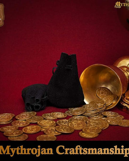Mythrojan Small Trinket Pouches Suede Leather Drawstring Coin & Dice Bags for LARP, SCA, Viking & Medieval Events (Black - Pack of 4)