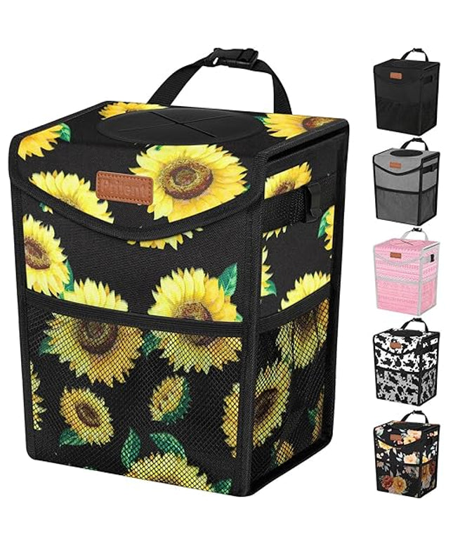 Car Trash Can with Lid, Cute Leakproof Car Trash Garbage Bag Hanging Vehicle Trash Bin Small Portable Automotive Garbage Cans Organizer for Back/Front Seat/Console(Trapezoid,Sunflower)