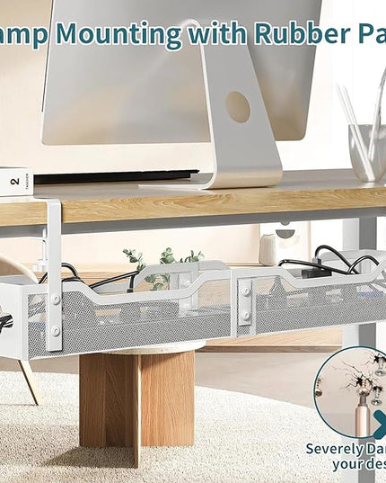 Under Desk Cable Management Tray 32'', Cable Management Under Desk No Drill, Cable Organizer with Clamp for Wire Management, Cord Organizer for Office, Home - No Damage to Table (White)