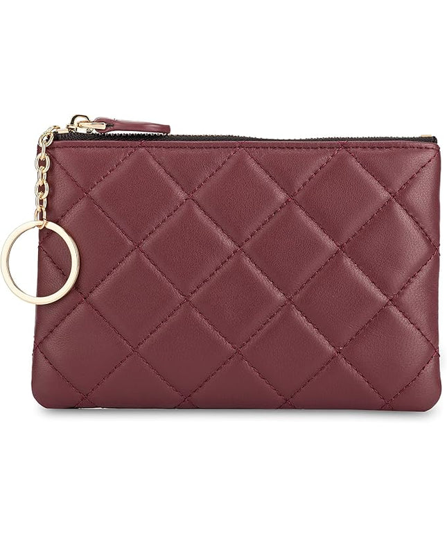 DORIS&JACKY Soft Lambskin Leather Coin Purse Small Quilted RFID Blocking Top Zipper Wallet With Key Chain