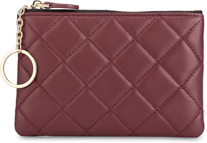 DORIS&JACKY Soft Lambskin Leather Coin Purse Small Quilted RFID Blocking Top Zipper Wallet With Key Chain