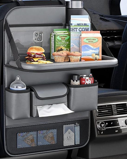2 Pack Leather Car Backseat Organizer with Foldable Table Tray, Car Storage Organizer with Tablet Holder, Car Seat Back Protectors Kick MatsTravel Accessories