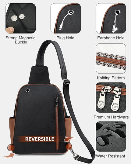 FADEON Large Sling Bag for Women, Leather Crossbody Purse Designer Anti Theft Sling Backpack, RFID Fanny Packs for Travel