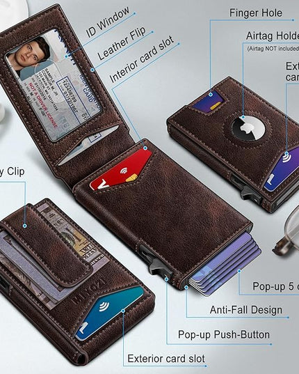 miyozi Airtag Wallet for Men Money Clip 9-Card Pop-Up Credit Card Holder with ID Window RFID Blocking Metal Case Magnetic Closure Front Pocket Wallet Gift Box