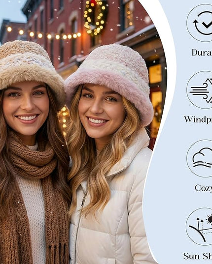 YI HENG MEI Women Knit Bucket Hat, Fluffy Winter Fisherman Hat Fuzzy Soft Warm Beanie Caps Women Cloche Caps Warm Bowler Hats