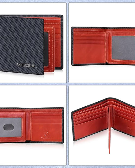 VISOUL Mens Bifold Wallet with 2 ID Windows Carbon Fiber Leather, RFID Blocking Secure Designer Billfold Wallets for Men with Two Cash Compartments (Black+Orange Red)
