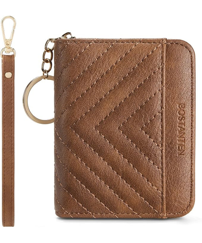 BOSTANTEN Credit Card Holder Wallet RFID Blocking Leather Small Wallet for Women Zipper Keychain Wallet with Wristlet Brown
