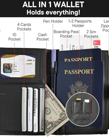 elzama Women's RFID Blocking Passport Wallet, Black with Airtag Holder, Includes Keychain & Pen Holder, Zippered, 11 Pockets, Faux Leather, Slim