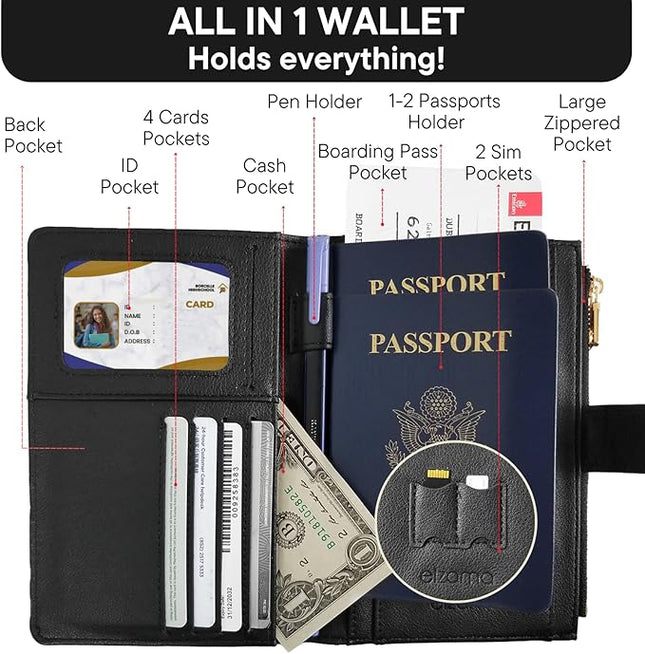 elzama Women's RFID Blocking Passport Wallet, Black with Airtag Holder, Includes Keychain & Pen Holder, Zippered, 11 Pockets, Faux Leather, Slim