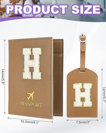 PATIKIL Passport Holder for Travel, Initial Passport Cover and Luggage Tag Set with Alphabet Chenille Letter Patch Travel Wallet Bag Suitcase Identifier for Women Family Travel Brown H
