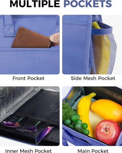 Fmeida Insulated Lunch Bag Women, 9L Large Lunch Bags with Multiple Pockets, Reusable Thermal Cooler Tote for Work, Office, Picnic, Travel | Hook and Loop Closure, Purple