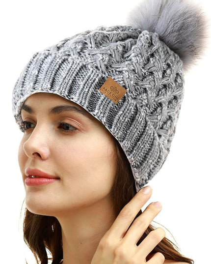 PAGE ONE Womens Winter Ribbed Beanie Crossed Cap Chunky Cable Knit Pompom Soft Warm Hat