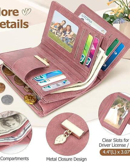 HUANLANG Small Women's Wallet Rfid Blocking Leather Bifold Credit Card Holder Ladies Wallet Zipper Pocket with ID Window