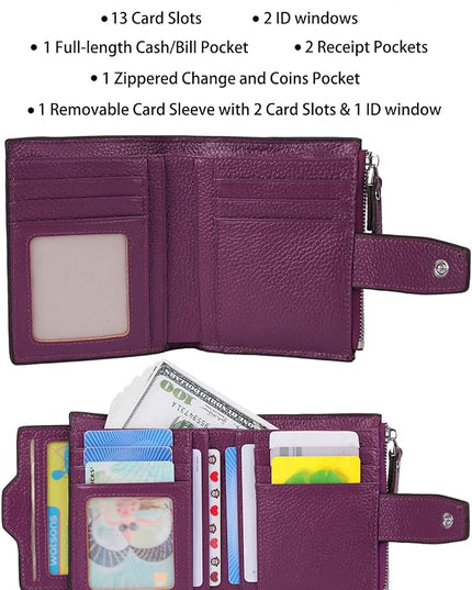 AINIMOER Women's RFID Blocking Leather Small Compact Bi-fold Zipper Pocket Wallet Card Case Purse with id Window