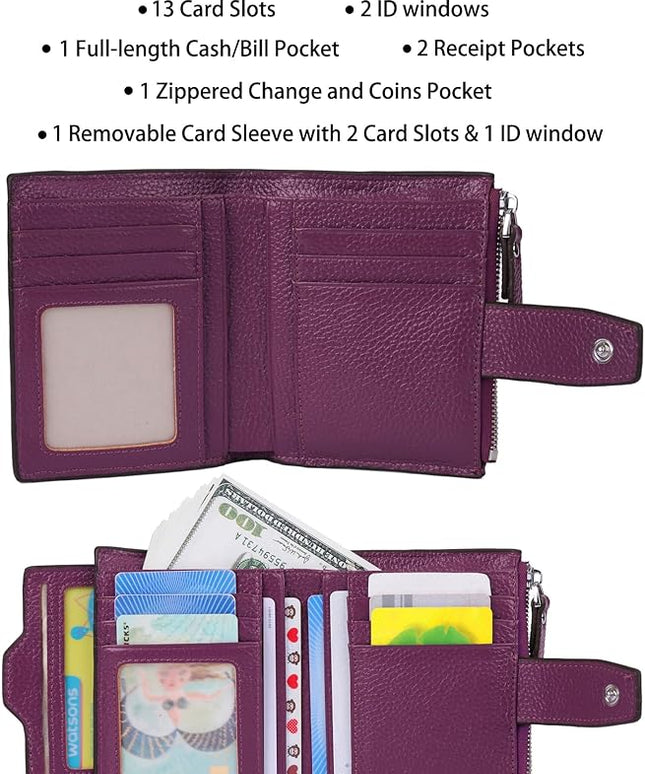 AINIMOER Women's RFID Blocking Leather Small Compact Bi-fold Zipper Pocket Wallet Card Case Purse with id Window